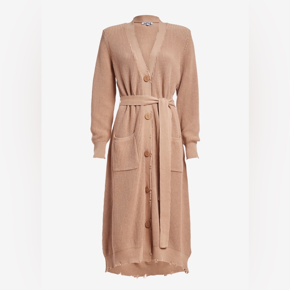 SEROYA AMANDA Distressed Cardigan Beltes SWEATER DRESS, Size Small, Tan